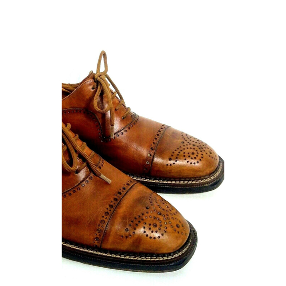 Mezlan Oxford 10 M Tan Camel Lace Tie Handmade Spain Tooled Leather Cap Toe main image 8